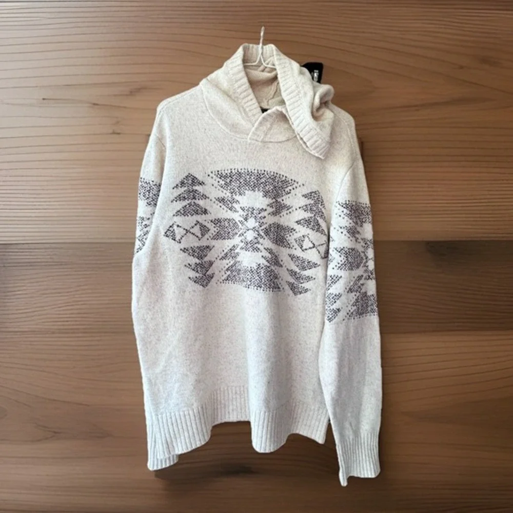 Vintage American‎ Eagle Sweater Mens L Beige Aztec Knit Hooded Fair Isle Thick